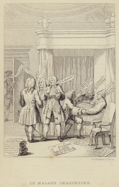 Le Malade Imaginaire: sátira retratando o autor e botânico John Hill na cama sendo consultado por uma série de médicos todos determinados a garantir seus honorários de Frederick William Fairholt