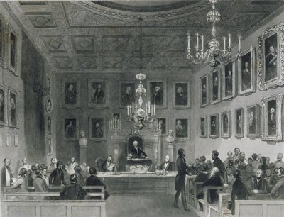 Vista do Interior da Somerset House, mostrando uma reunião da Royal Antiquarian Society, c.1840 de Frederick William Fairholt