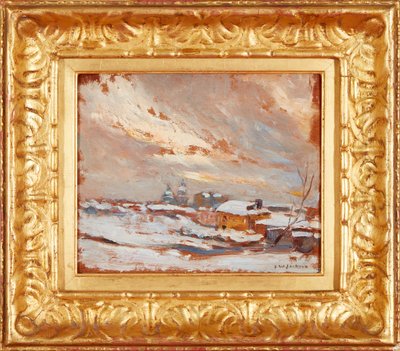 Uma paisagem de inverno com cúpulas distantes, Rússia (óleo sobre painel) de Frederick William Jackson