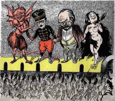 Reabilitação de Dreyfus: a conclusão, os protagonistas são aplaudidos pelo público. Da esquerda para a direita, o diabo que conduziu o caso, o capitão Alfred Dreyfus, Emile Zola e o Nude True. A vinheta satírica de York. de Frederick York