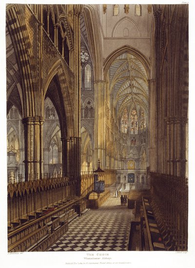 O coro, placa 7 da Abadia de Westminster, gravada por J. Bluck (fl.1791-1831) pub. por Rudolph Ackermann (1764-1834) 1811 (aquatinta) de Frederick after Mackenzie