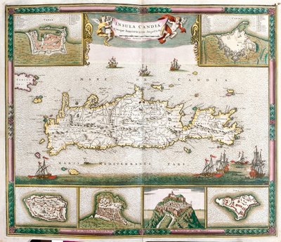 Mapa da ilha de Creta, com vista para as cidades fortificadas de La Cane e Heraklion e as fortalezas de Spinalonga, Retino, Thine e Souda (gravura de Frederick de Wit