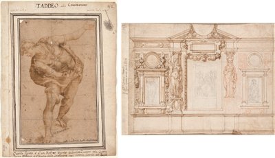 Un Hebreo, de Cristo Mostrado ao Povo (reto); Projeto para uma decoração de parede com croquis colados após Raphael (verso) de Frederico Zuccaro