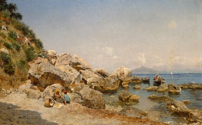 Na praia, Capri com o Vesúvio ao fundo de Frederico del Campo