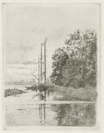 Vista do rio com dois navios e uma barcaça. de Fredericus Jacobus van Rossum du Chattel (signed by artist)