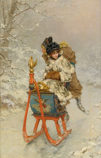 "La promenade en luge" (O passeio de trenó) Peinture de Frederik Hendrik Kaemmerer (1839-1902) - Óleo sobre tela, 59,9x40,1 - Coleção particular de Frederik Hendrik Kaemmerer