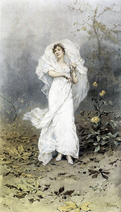 Mulher na Floresta - Alegoria do Outono, Calendário ilustrado por Hubert Dys, pintado por F.H. Kaemmerer de Frederik Hendrik Kaemmerer