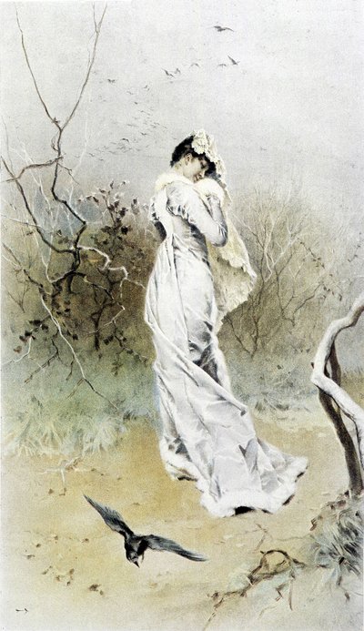 Mulher na floresta - alegoria do início do inverno, calendário ilustrado por Hubert Dys, pintado por F.H. Kaemmerer de Frederik Hendrik Kaemmerer