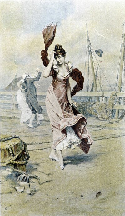 Mulher à beira-mar - alegoria do início da primavera, calendário ilustrado por Hubert Dys, pintado por F.H. Kaemmerer de Frederik Hendrik Kaemmerer