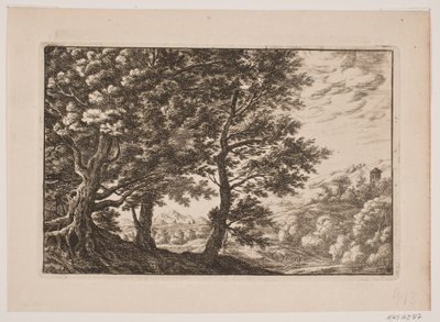 Paisagem montanhosa com grandes árvores de Frederik Laub