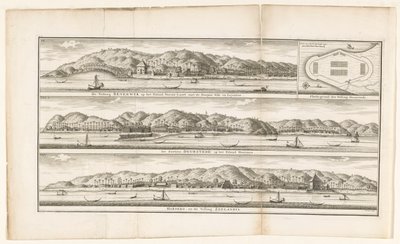 Três fortalezas nas Molucas A Fortaleza de Beverwyk na Ilha de Noesa-Laoet, com as Aldeias de Sila e Leynitoe / Mapa da Fortaleza Duurstede / As Fortalezas Duurstede na Ilha de Honimoa / Haroeko, e a Fortaleza Zeelandia (título no objeto) de Frederik Ottens