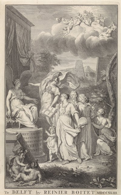 Minerva e as Artes em frente de uma figura entronizada
Página de título para: Het Groot Natuur- en Zedekundigh Wereldtoneel, Delft, R. Boitet, 1743 de Frederik Ottens