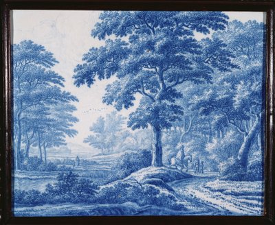 Uma placa retangular holandesa muito rara de Delft em azul e branco, representando viajantes em uma estrada em uma paisagem arborizada (porcelana) de Frederik van Frijtom