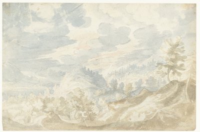Paisagem de montanha com vista para um vale (do Danúbio?) e uma torre de igreja de Frederik van Valckenborch