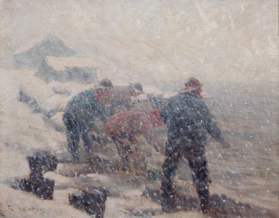 Pescadores puxam a rede numa tempestade de neve (óleo sobre tela) de Fredrik Kolstoe