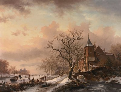 Castelo numa paisagem de inverno e patinadores num rio gelado de Fredrik Marinus Kruseman