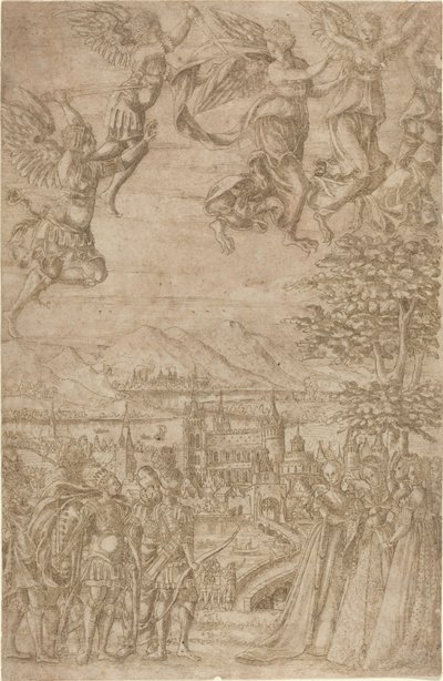 Um rei e sua comitiva confrontando senhoras sob uma batalha celestial de French 17th Century
