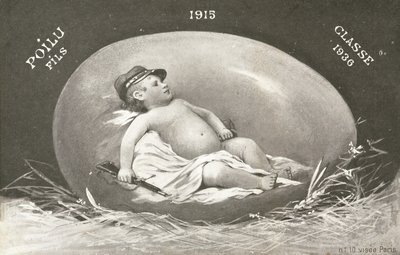1915, cartão de Páscoa mostrando soldado de bebê já armado no ovo de French Photographer
