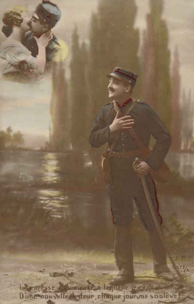 Um soldado imagina que ele e seu amor se beijam (foto tingida) de French Photographer