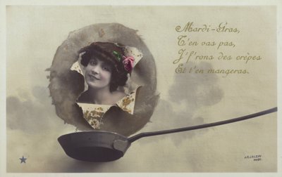 Uma cabeça de mulher explodindo acima de uma panela de panqueca (fotocolagem colorida) de French Photographer