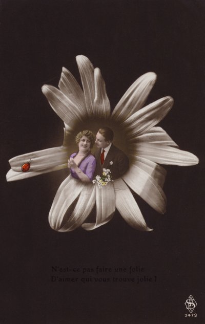 Um jovem casal no centro de uma flor com joaninha (fotocolagem matizada) de French Photographer