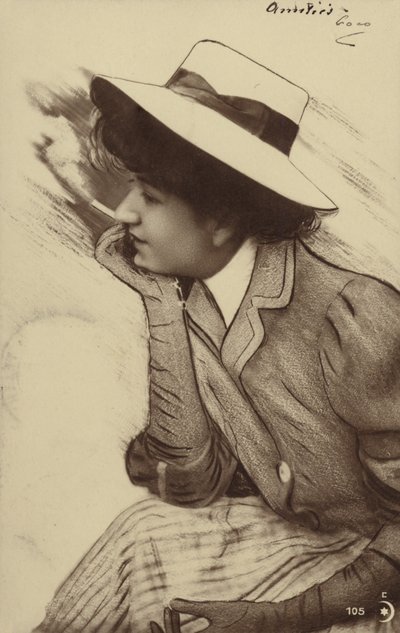 Um, mulher jovem, desgastando um chapéu, e, tabagismo, (photocollage) de French Photographer