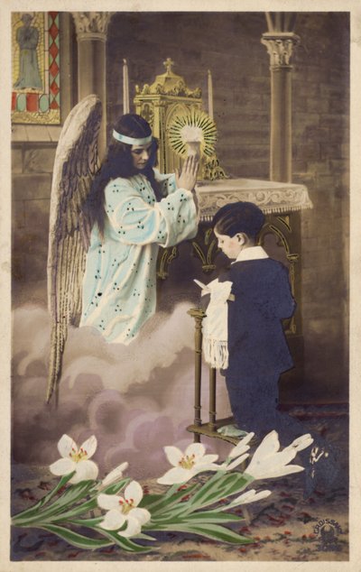 Menino, levando, primeiro, comunhão, atendido, por, anjo guardião, (colored, photo) de French Photographer