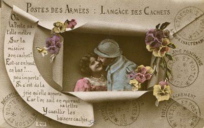 Cartão explicando os usos de cartões postais para aqueles com homens no exército de French Photographer