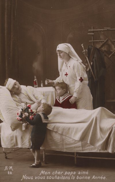 Crianças desejando um Feliz Ano Novo ao seu pai ferido, WW1 de French Photographer