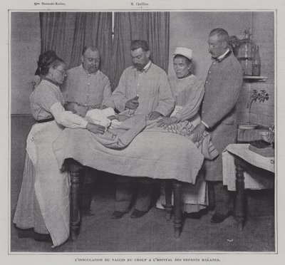 Inoculação de um paciente com a vacina contra a garupa em um hospital para crianças doentes em Paris (foto a p/b) de French Photographer