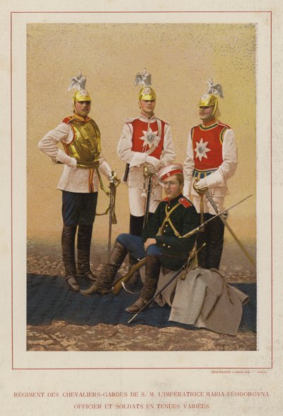 Exército Russo: Regimento dos Cavaleiros-Guardos da Imperatriz S.M. Maria-Feodorovna, Oficiais e Soldados em Vários Vestidos (foto) de French Photographer