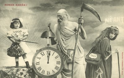 Cartão de Ano Novo com Pai Tempo (foto p/b) de French Photographer