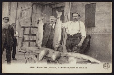 Postal retratando uma boa captura de salmão em Brioude, Haute-Loire, c.1900 de French Photographer