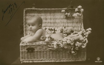 Postal de um bebê em uma cesta de vime com flores, enviada em janeiro de 1913 de French Photographer