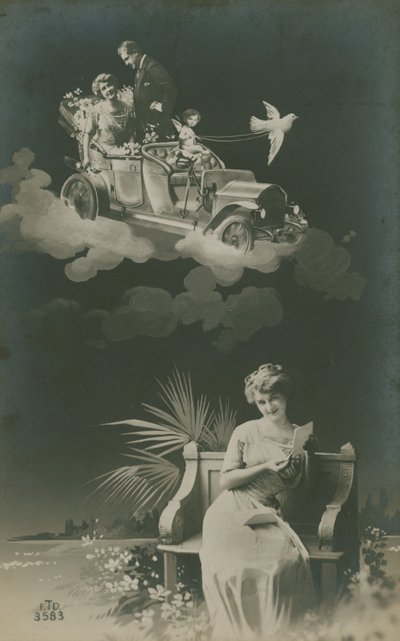 Cartão postal de uma jovem lendo uma carta e sonhando com o casamento, enviado em 1913 de French Photographer