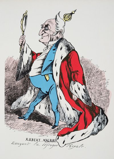 Robert Macaire - experimentando o casaco Royal, de Histoire de la Troisieme Republique, Vol. I, Political History, pub.1933 (cor litho) de French Photographer
