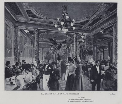 O grande salão do Café Américain, Paris (foto a p/b) de French Photographer