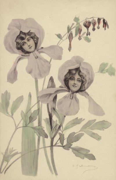 Duas flores de íris cada contendo o rosto de uma jovem mulher (colagem) de French Photographer