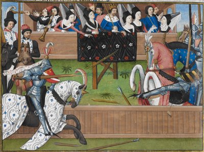 (Miniatura). Cavaleiros a disputar um torneio medieval. Uma lança é quebrada. de French School