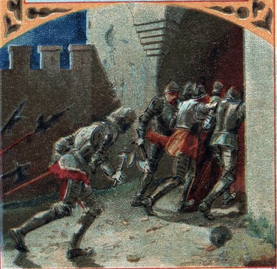 100 anos de guerra: o exército dos borgonheses tomou o castelo de Pierrefonds por traição (século XIV). Cromolitografia do final do século XIX de French School