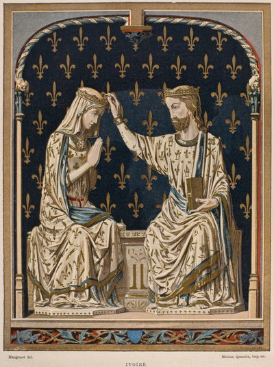 Coroação da Virgem do século XIV, marfim do Louvre, ilustração do Dictionnaire de lameublement et de la decoration de Henry Havard, volume 3, placa 1, Paris, Maison Quantin, 1878 (co de French School