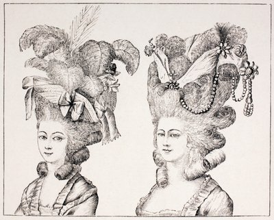 Meninas francesas do século XVIII que vestem estilos e chapéus extravagantes do cabelo, 1875 de French School