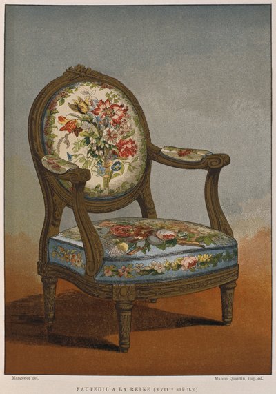 Século XVIII a la reine poltrona com tapeçaria florida, ilustração do Dictionnaire de lameublement et de la decoração por Henry Havard, volume 4, placa 29, Paris, Maison Quantin, 1878 (cor de French School