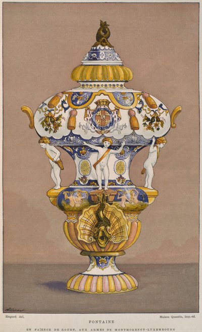 Fonte em faiança do século XVIII, com o brasão de armas de Montmorency Luxembourg, fabricado em Rouen, ilustração do Dictionnaire de lameublement et de la decoration de Henry Havard, volume 2, de French School