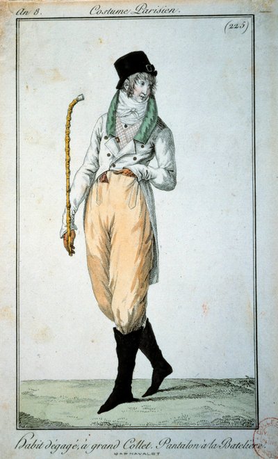 A moda do século XVIII: fato parisiense com gola grande, calças com barcos. Paris, Musee du Costume de French School