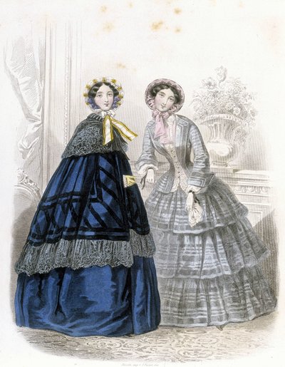 2 mulheres na moda: em traje - em "Journal des Demoiselles" 1852 (gravura) de French School