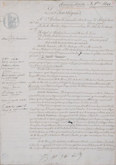 2º Contrato relativo à La Comédie Humaine entre Honore de Balzac (1799-1850) e Hetzel, Paulin, Dubochet e a editora Charles Furne, 2 de outubro de 1841 de French School