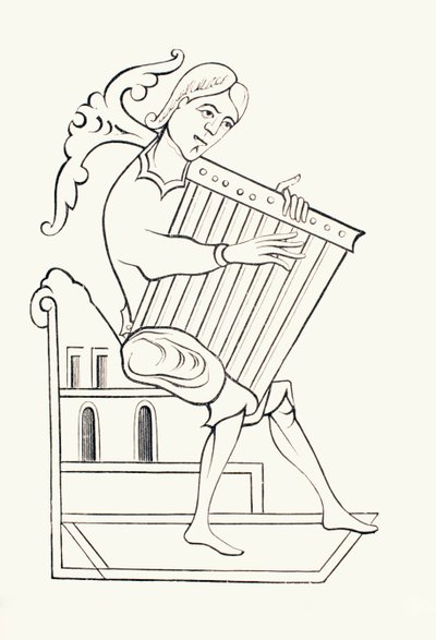 Um músico do século IX tocando um instrumento musical conhecido como psalterium, de &39;Les Arts au Moyen Age&39;, publicado em 1873 (lito) de French School