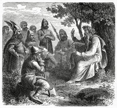 Um bardo recitando a Northmen, c.1882 (gravura em madeira) de French School
