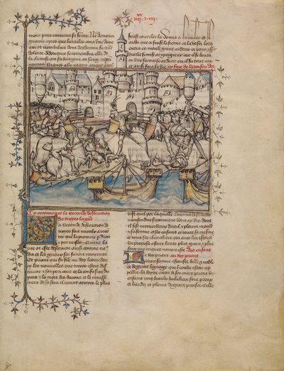 Uma Batalha da Guerra de Tróia, c.1390-1400 (tempera, lavagens e folha de ouro em pergaminho) de French School